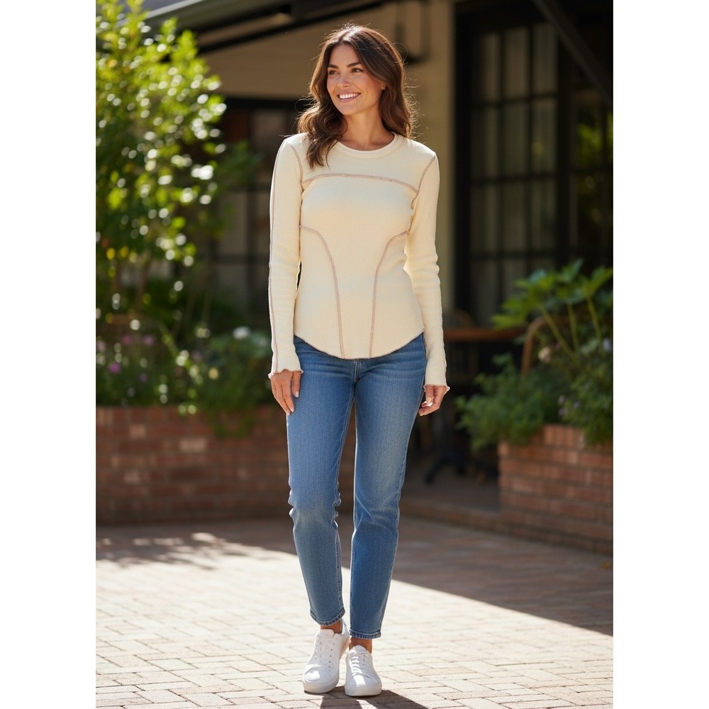 Urban Outfitters Cream Waffle Knit Thermal Top Exposed Seam Long Sleeve Small